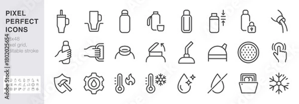 Fototapeta Thermos and travel mug line icon set. Tumbler, flip lid, straw spout, lock cap, dishwasher safe vector illustrations. Simple outline signs for beverage containers. 48x48 Pixel Perfect. Editable Stroke