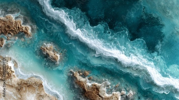 Obraz Aerial view of ocean water meeting rocky shore abstract art turquoise blue and brown landscape design