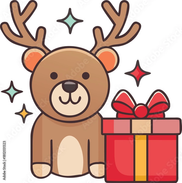 Obraz Smiling Cartoon Bear in Reindeer Antlers Beside Red Gift Box, Surrounded by Multi-Color Sparkles, Vector Icon for Christmas Celebration