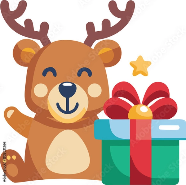 Obraz Happy Cartoon Bear with Reindeer Antlers Waving Beside Green Christmas Gift Box, Flat Style Icon with Gold Star Detail, Vector