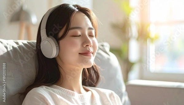 Obraz A relaxed person wearing over-ear headphones, eyes closed with a gentle smile, immersed in music, soft indoor lighting, peaceful ambiance, conveying emotional connection and audio enjoyment.