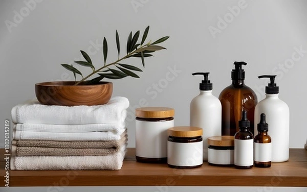 Fototapeta Modern minimalist spa skincare bottles with natural wooden lids, folded towels, amber containers, and wellness accessories arranged on a clean shelf