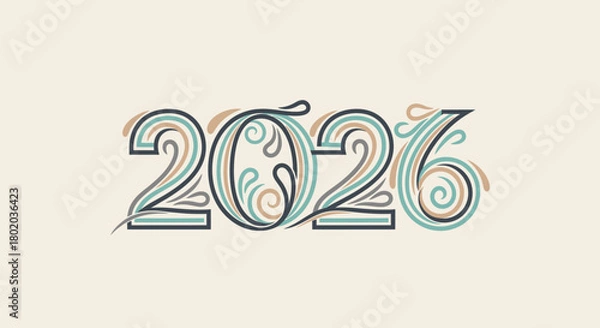 Fototapeta Elegant decorative typography displaying the year 2026 with intricate swirling flourishes and a vintage aesthetic.