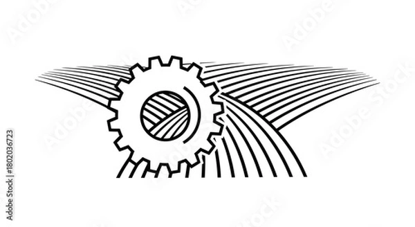 Fototapeta Line art of a gear over a field, symbolizing agricultural technology.