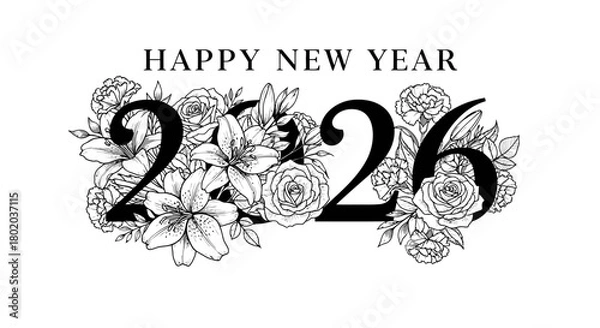 Fototapeta Elegant black and white floral design with the text 'Happy New Year 2026'.