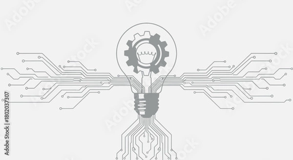 Fototapeta An illustration depicting a lightbulb with a gear inside, connected to circuit board lines, representing innovation.