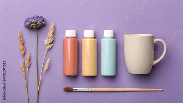 Obraz Three paint bottles ceramic mug and paintbrush on purple