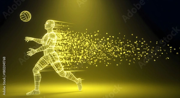 Fototapeta Virtual reality football player made of luminous wireframe particles demonstrates a powerful athletic move in a digital simulation
