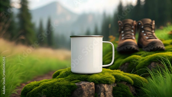 Obraz White camping mug on mossy rocks with hiking boots