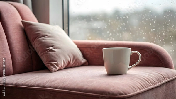 Obraz White ceramic coffee cup on dusty rose armchair by window