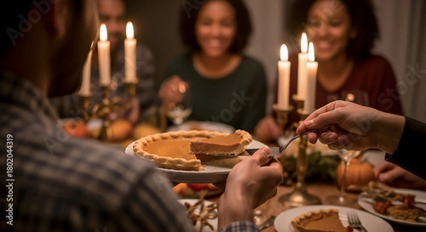 Fototapeta Intimate Moment of Serving Pumpkin Pie at Friendsgiving