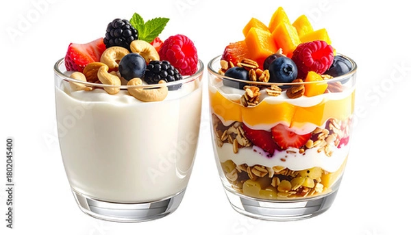 Fototapeta 1. Two Cakes with Berries and Chocolat 2. Assorted Berry and Chocolate Cake Duo Di3. Pair of Gourmet Cakes with Chocolate Drizzle and Fresh Berries isolated