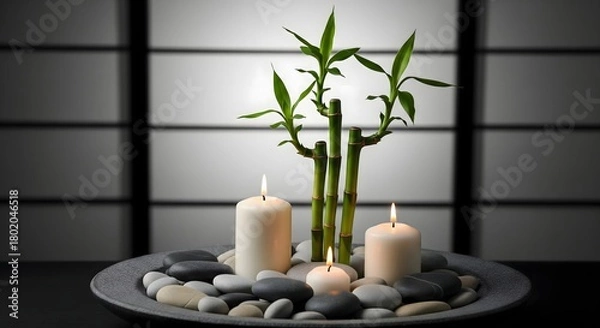 Fototapeta Zen still life with bamboo stalks, candles, and pebbles.