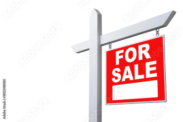 Fototapeta Red for sale sign on a white post isolated on transparent background ready for advertising