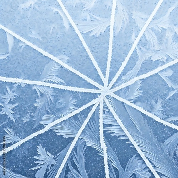 Obraz Close-up of a frozen window with ice crystals forming a radial pattern and intricate frost patterns.