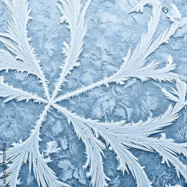 Obraz Close-up of intricate frost patterns on a window, resembling a delicate fern.