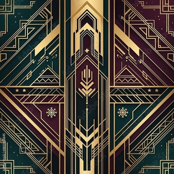 Obraz Art Deco geometric pattern with gold lines on dark teal and burgundy background.