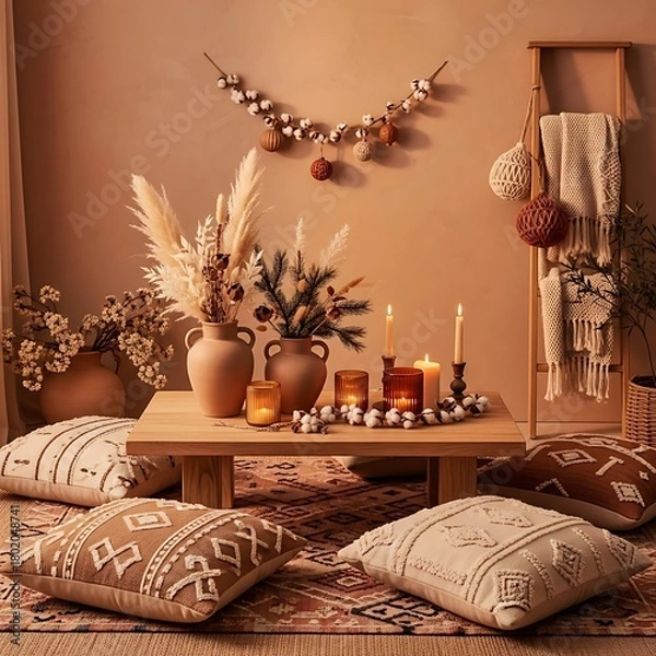 Obraz Cozy living room with floor cushions, vases, candles, and a cotton garland, creating a warm and inviting atmosphere.