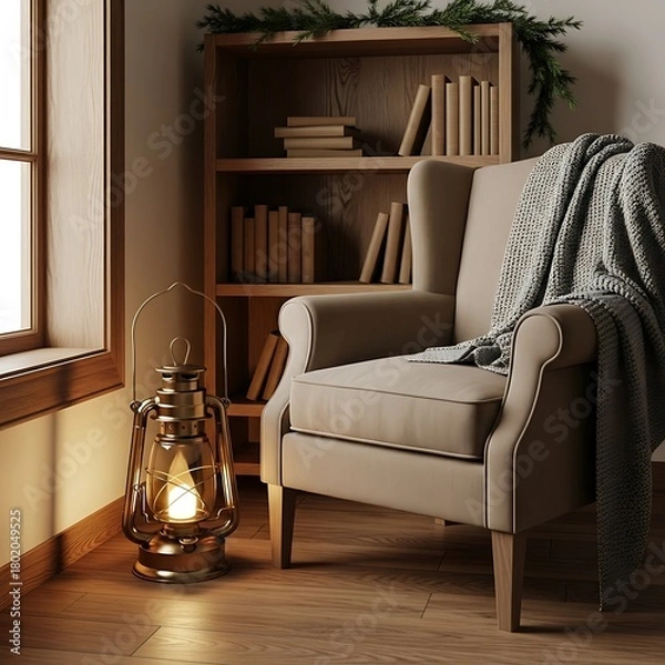Obraz Cozy reading nook with armchair, bookshelf, and lantern by the window.