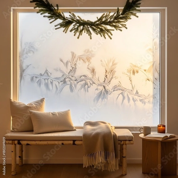 Obraz Cozy winter scene with bench, pillows, blanket, and frosted window.