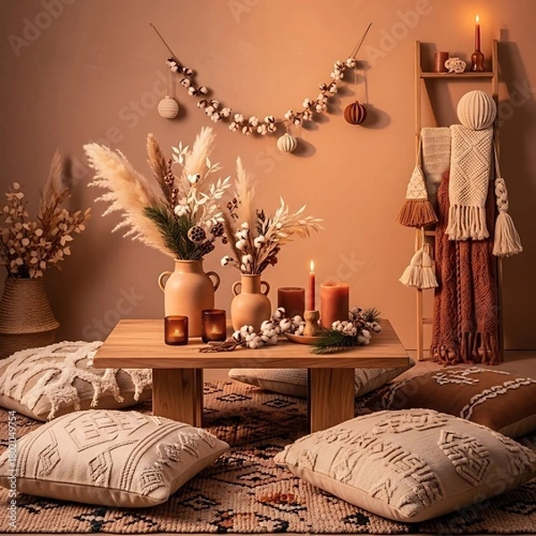 Obraz Cozy autumn interior with cushions, candles, and decorative elements, creating a warm and inviting atmosphere.