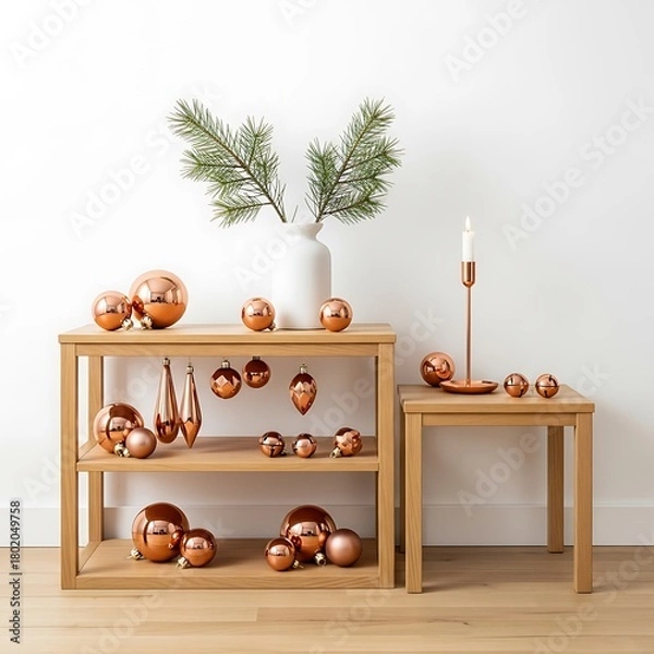 Obraz Shiny copper Christmas ornaments and festive decorations displayed on wooden tables.