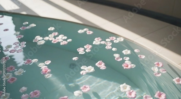 Obraz Bathtub filled with fresh water and floating flower petals.