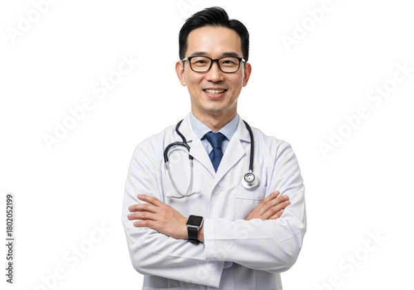 Fototapeta Asian doctor wearing glasses and stethoscope isolated on transparent background