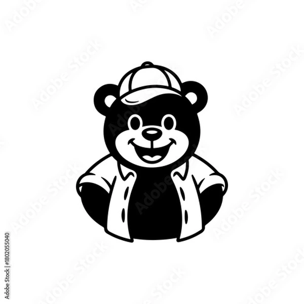 Fototapeta A cheerful black and white cartoon mascot of a bear wearing a baseball cap. The bear is smiling, gesturing with a raised thumb or hand on its hip. Ideal for sports or worker themes.