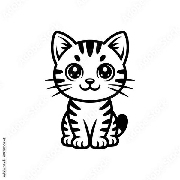 Fototapeta A black and white cartoon vector illustration of a cute, friendly tabby cat sitting. The kitten has big, sparkling eyes and prominent stripes,  in a simple, adorable style.