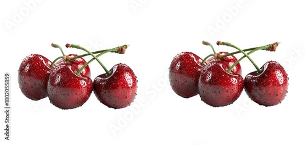 Fototapeta Fresh ripe cherries with water droplets close up view on transparent background
