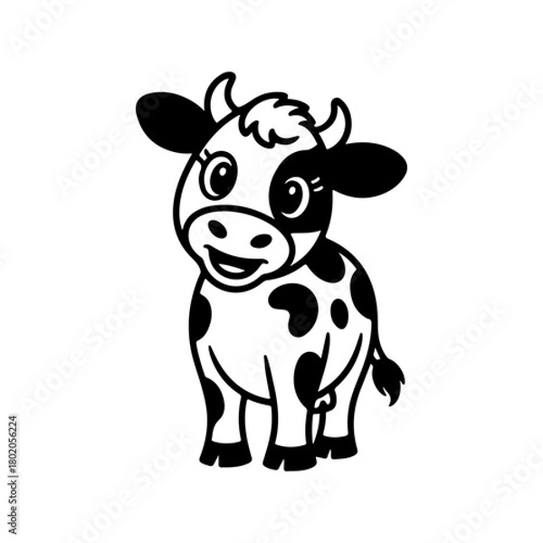 Fototapeta A black and white cartoon mascot of a spotted dairy cow standing and smiling. The character is in a simple, friendly style, ideal for milk or farm related businesses.