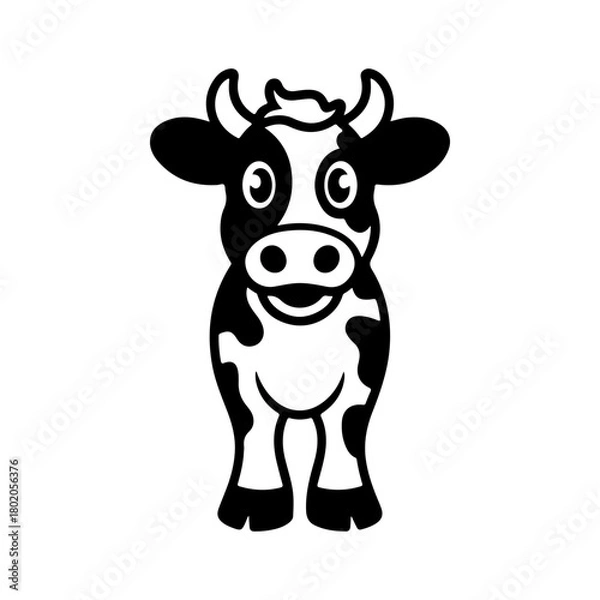 Fototapeta A black and white cartoon mascot of a spotted dairy cow standing and smiling. The character is in a simple, friendly style, ideal for milk or farm related businesses.