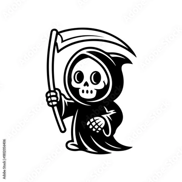 Fototapeta A black and white cartoon character of the Grim Reaper holding a scythe. The cute, chibi style figure features a skull head and a flowing hooded robe, suitable for playful Halloween themes.