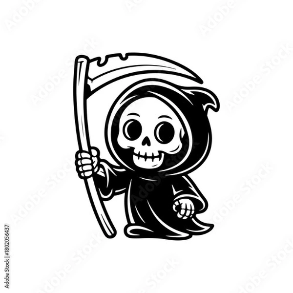 Fototapeta A black and white cartoon character of the Grim Reaper holding a scythe. The cute, chibi style figure features a skull head and a flowing hooded robe, suitable for playful Halloween themes.