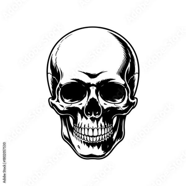 Fototapeta A detailed black and white vector illustration of a human skull, viewed straight-on. The artwork features high contrast shading in an engraving or tattoo style, isolated on white.