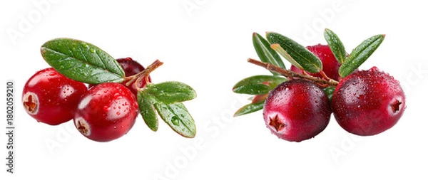 Fototapeta Two clusters of fresh cranberries with leaves and water droplets on transparent background