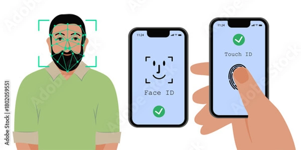Fototapeta Face ID and touch ID. Fingerprint sign. Identification icons. Facial recognition system, identification face. Finger scanner. Biometric verification. Vector.