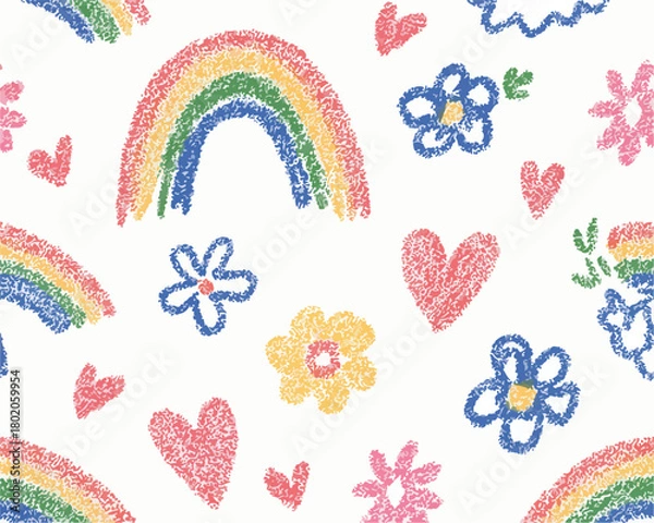 Obraz クレヨンで描かれた虹、花、ハートのシームレスパターン。子供のような明るいイラスト。