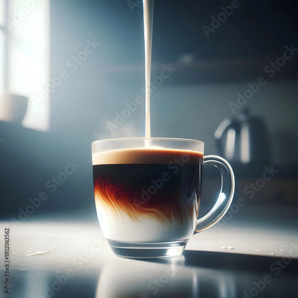 Fototapeta  A shot of a clear glass mug filled with black coffee and a stream of hot, white milk being poured into it, creating a perfect brown-to-white gradient. Milk in motion, soft backlighting, minimalist ki