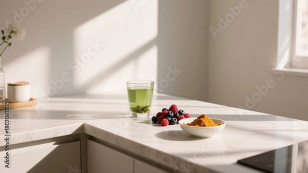 Fototapeta A minimal kitchen counter scene with a glass of green tea, fresh berries, and a small bowl of turmeric, bathed in soft sunbeams, visually promoting antioxidant-rich routines as preventive habits for c