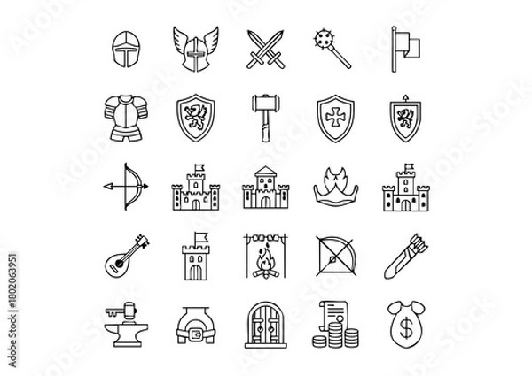 Fototapeta Chivalry and Combat: 25 Black and White Knight Vector Icons, Medieval Warfare and Heraldry Outline Icon Collection, The Code of the Knight: Essential Armor and Weapon Icons