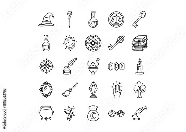 Fototapeta Magical Iconography: 25 Black and White Wizard Vector Symbols, Fantasy Spells and Sorcery: Outline Icons Collection, The Wizard's Toolkit: Essential Magic and Mystical Icons