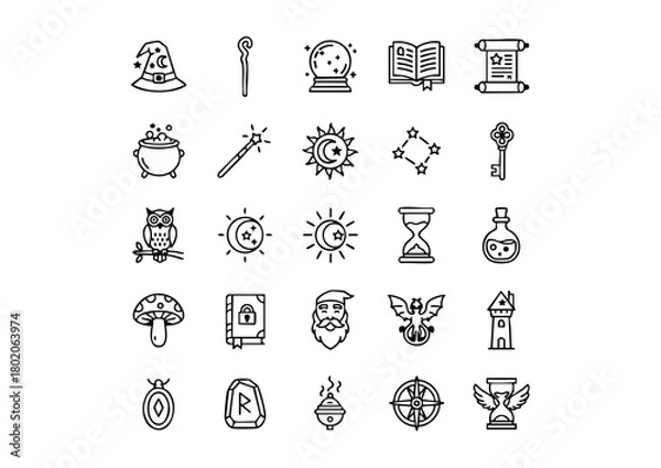 Fototapeta Magical Iconography: 25 Black and White Wizard Vector Symbols, Fantasy Spells and Sorcery: Outline Icons Collection, The Wizard's Toolkit: Essential Magic and Mystical Icons