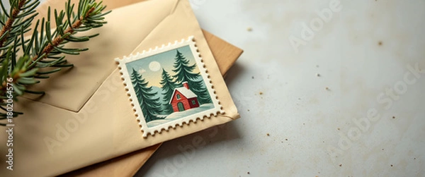 Fototapeta Vintage postage stamp with winter scene on textured envelope and pine  
