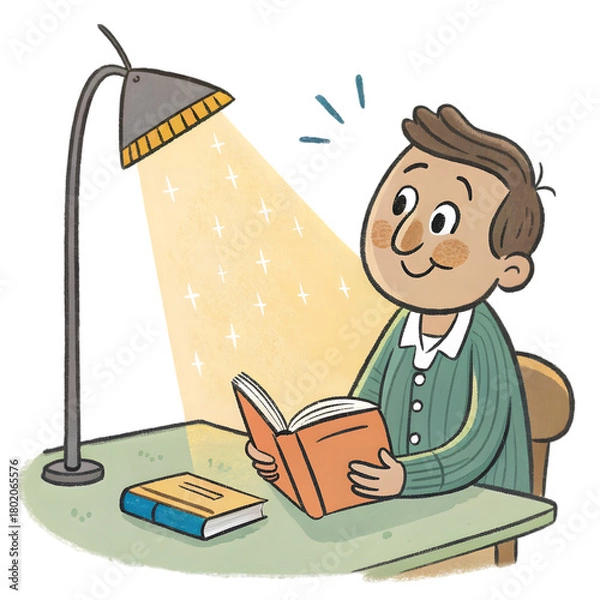 Obraz A young boy reads at a table under a lamp.