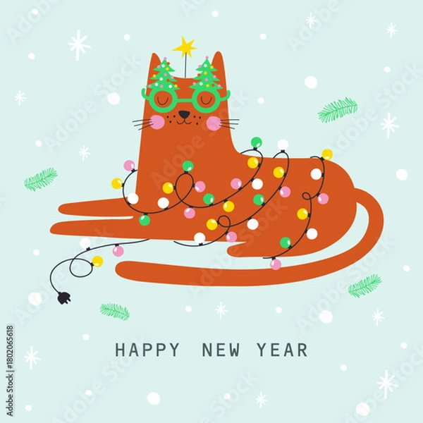 Obraz Happy new year card with cute kitten in garland. Vector