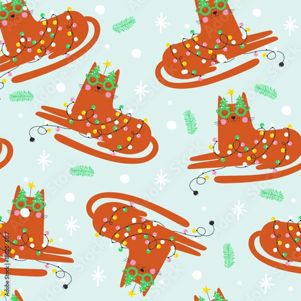 Obraz Seamless pattern with cute kitten in garland. Christmas pattern. Vector