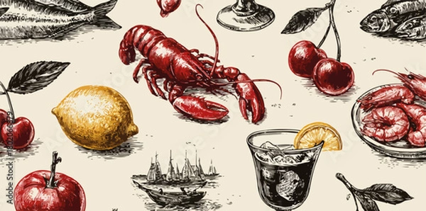 Obraz ロブスター、チェリー、レモン、カクテル、魚介類を組み合わせたビンテージ風のシームレスなベクターパターン背景デザイン
