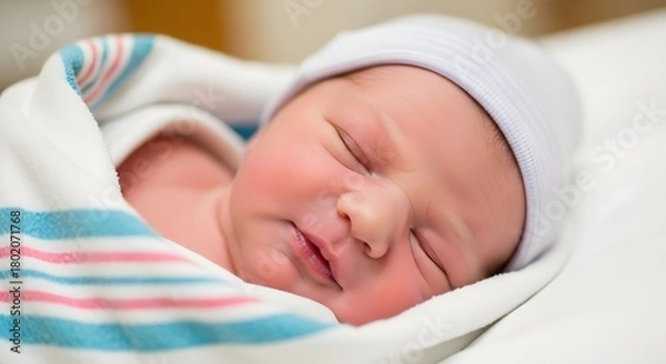 Obraz Close up of newborn baby sleeping peacefully wrapped in a striped receiving blanket